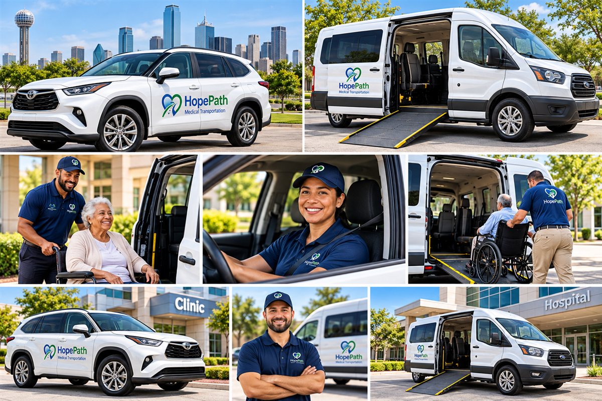 HopePath transportation montage showing vehicles near Dallas, drivers, passenger assistance, and clinic and hospital trips